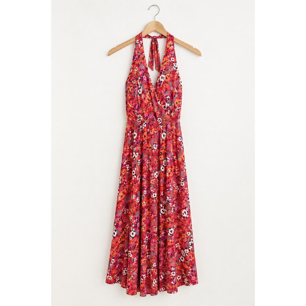 Boden St Lucia Faux Wrap Midi Dress 12L Coral Pink Floral Jersey Halter